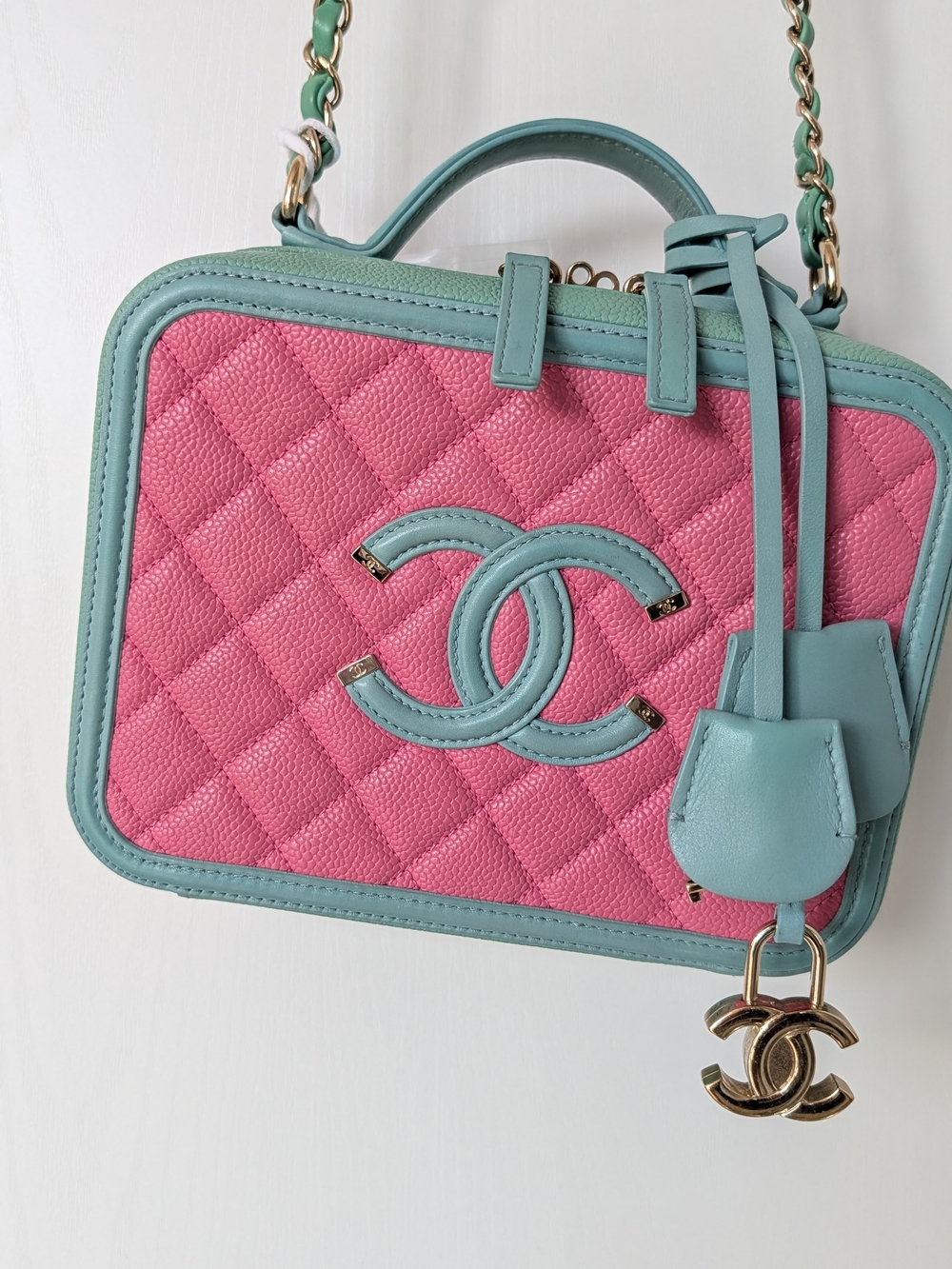 Chanel Caviar Quilted Medium CC Filigree Vanity Case Pink Green Blue